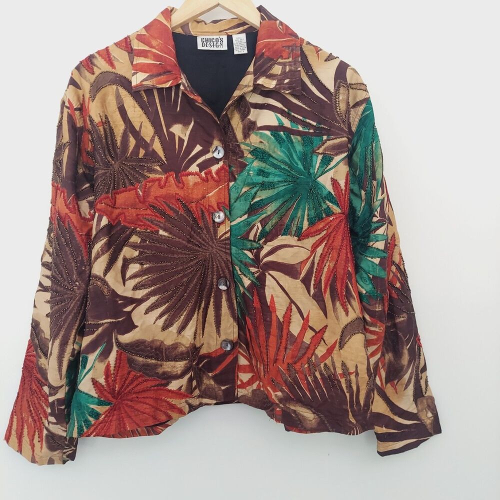 Chicos Design Jacket 2 L Silk Beaded Embroidered Fall Colors Art To Wear